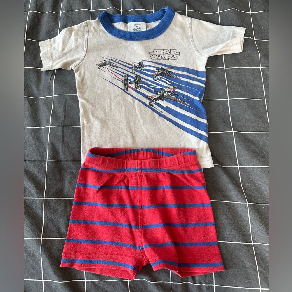 Hanna Andersson White & Blue Star Wars Tee with Red & Blue Striped Pajama Shorts